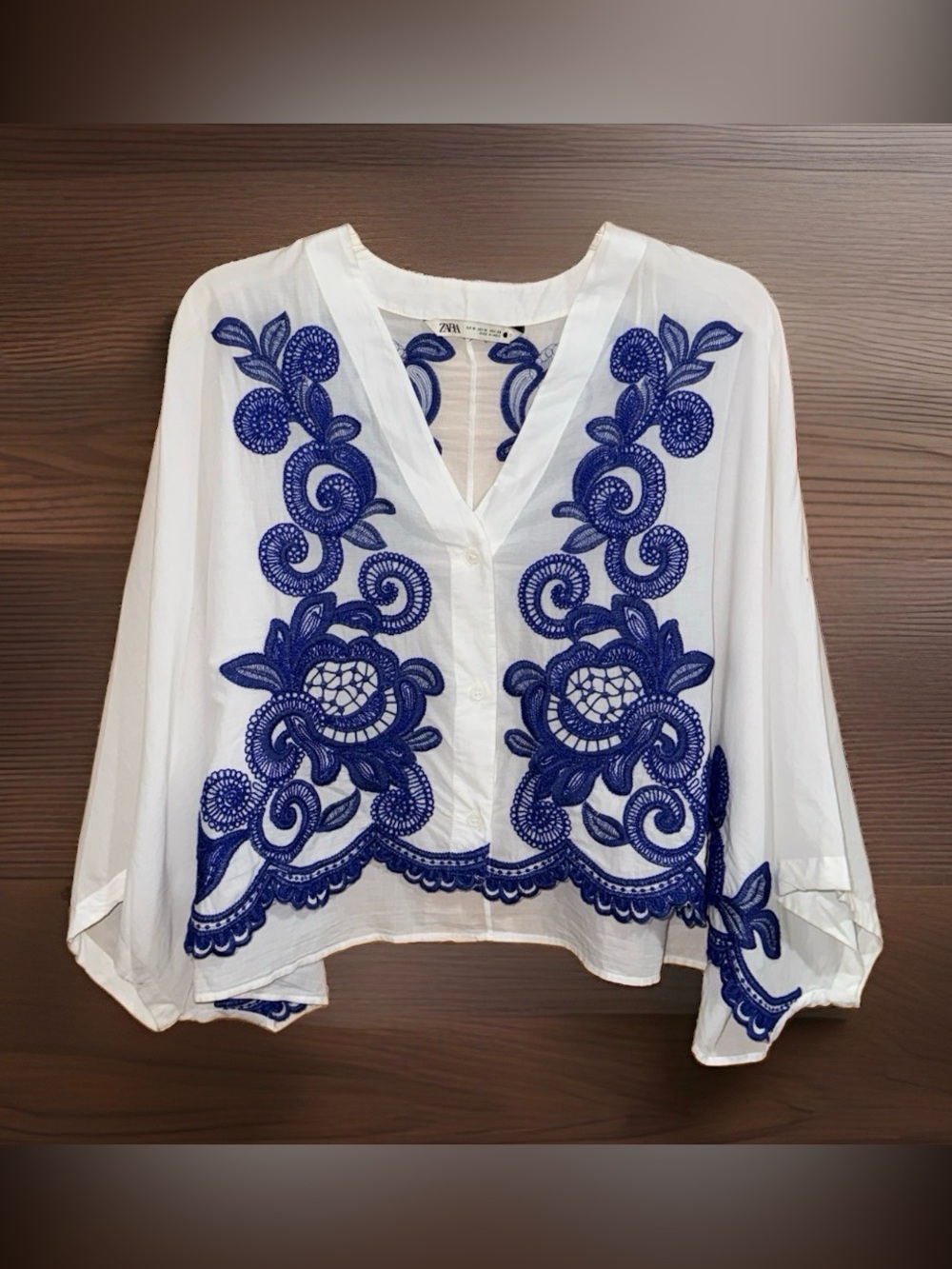 Zara White Button-Down Blouse with Royal Blue Embroidery-M-EC